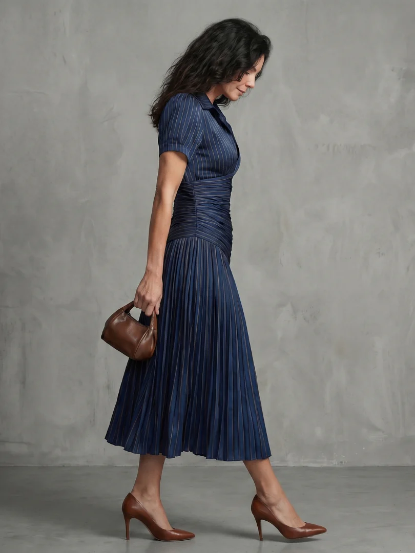 Theodora | Plissierter Taillenstreifen Midi-Kleid - Image 3