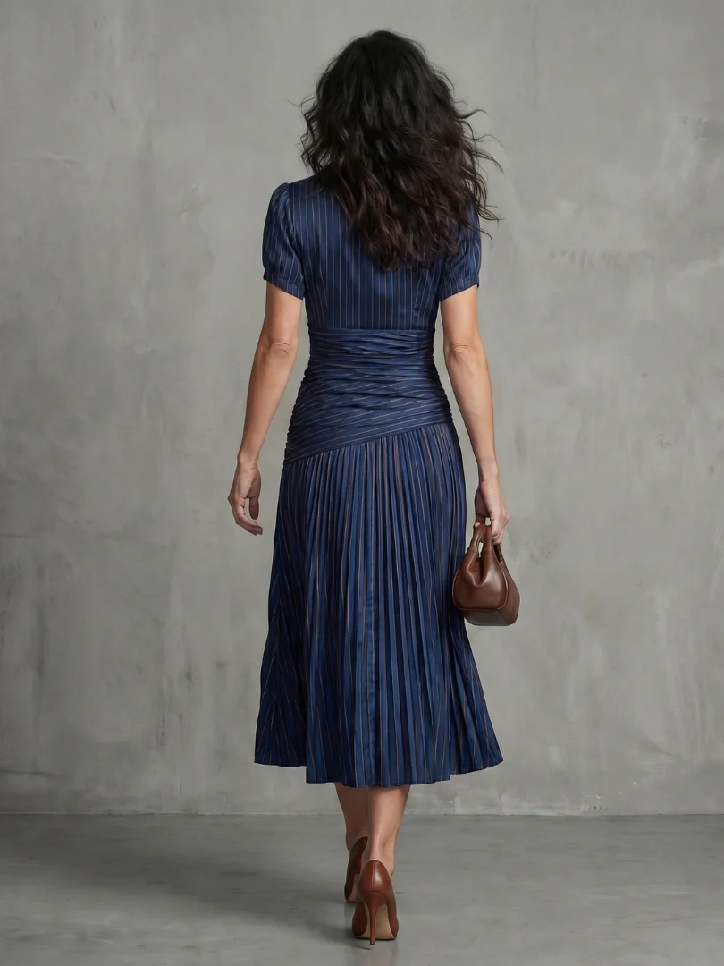 Theodora | Plissierter Taillenstreifen Midi-Kleid - Image 4