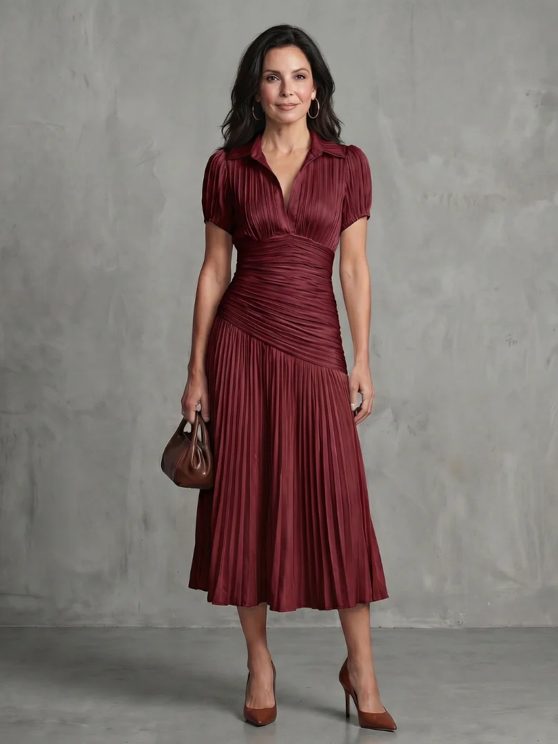 Theodora | Plissierter Taillenstreifen Midi-Kleid - Image 5