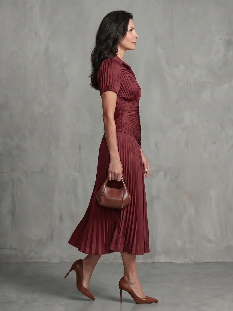 Theodora | Plissierter Taillenstreifen Midi-Kleid - Image 6