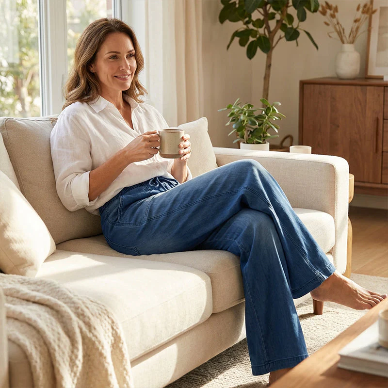 Verstellbare Kordelzug Taille Weite Bein Jeans für Frauen - Image 5