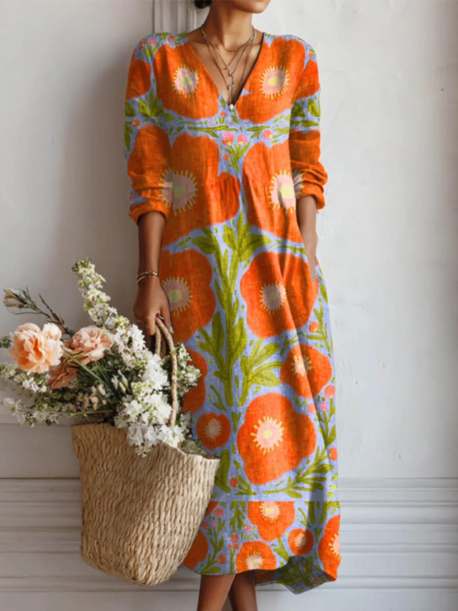 Vintage Floral Pocket Dress für Frauen - Künstlerisches Druckdesign