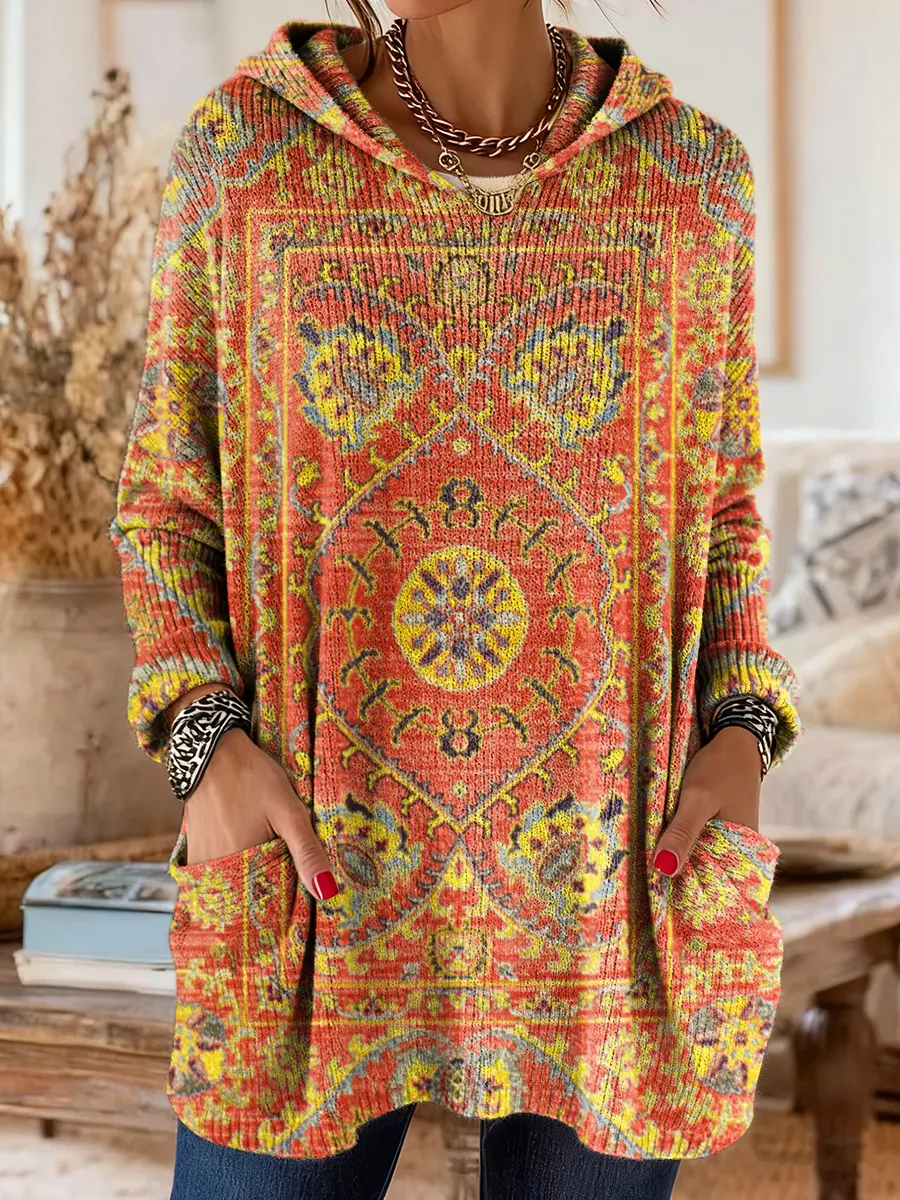 Vintage-inspirierte Kapuzenstrick-Tunika mit Taschen und ethnischem Druck - Image 3