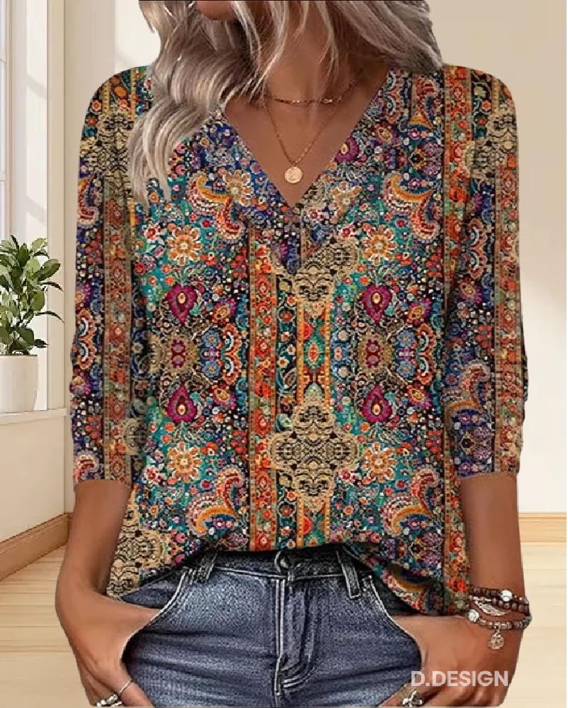 Vintage-inspirierte V-Ausschnitt Druckbluse - Image 4