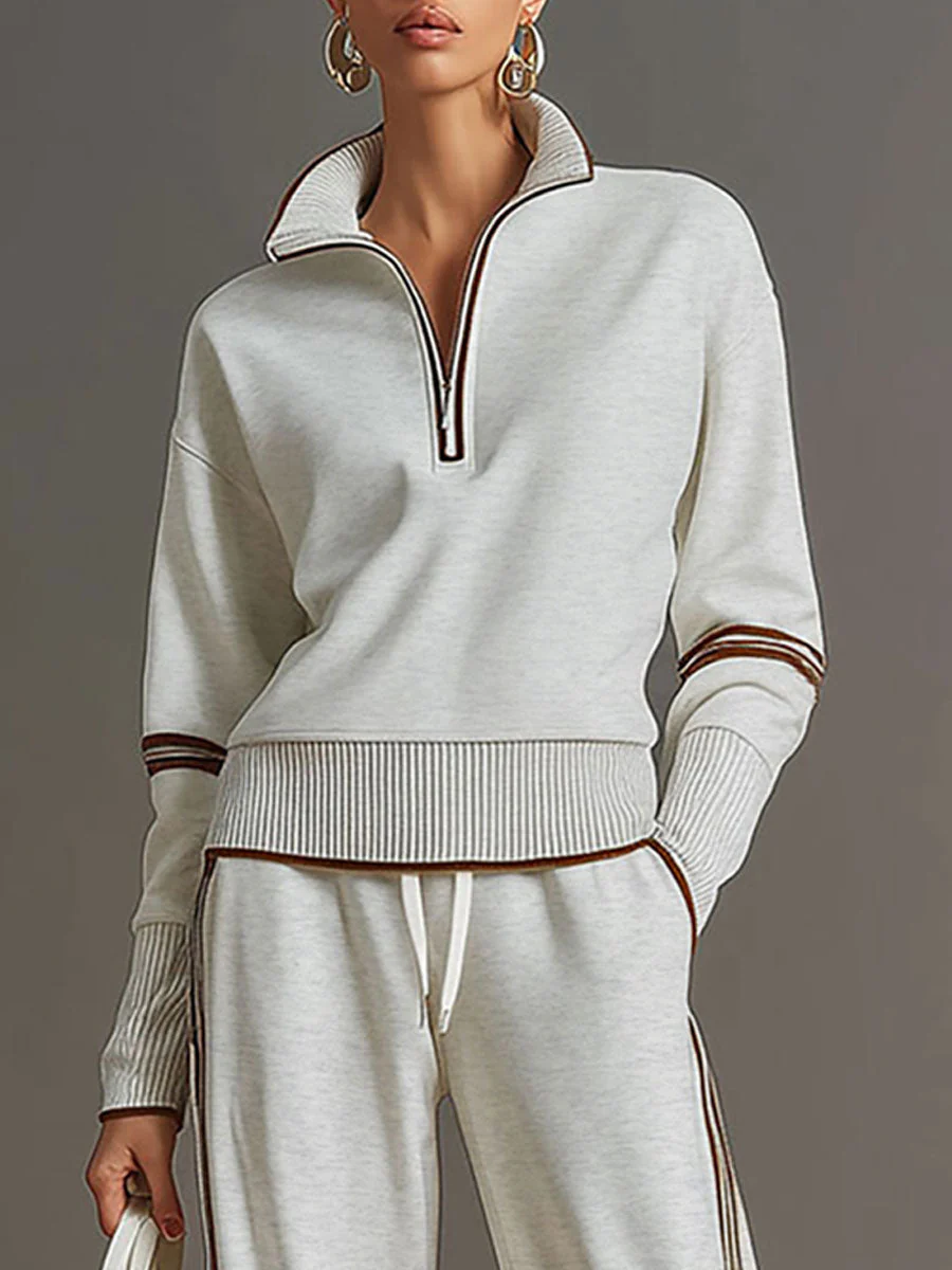 Vintage-inspirierter grauer und weißer Halbzip-Sweatshirt mit weitem Hosen-Set - Image 17
