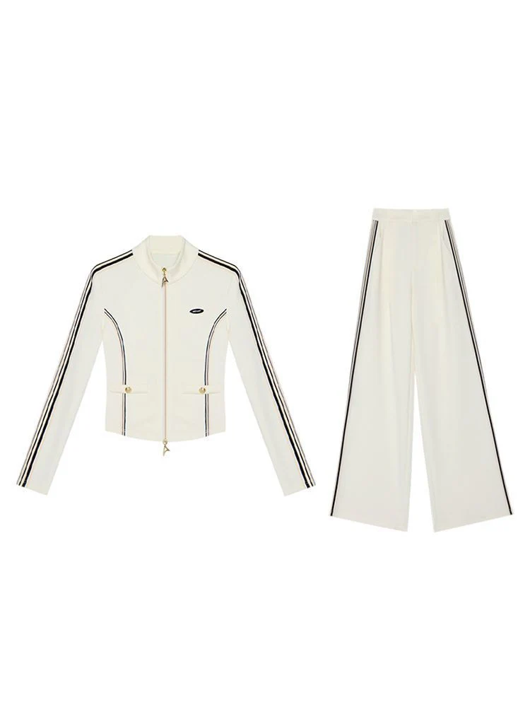 Weißes Zip-Up Set mit weitem Bein und Stehkragen - Image 4
