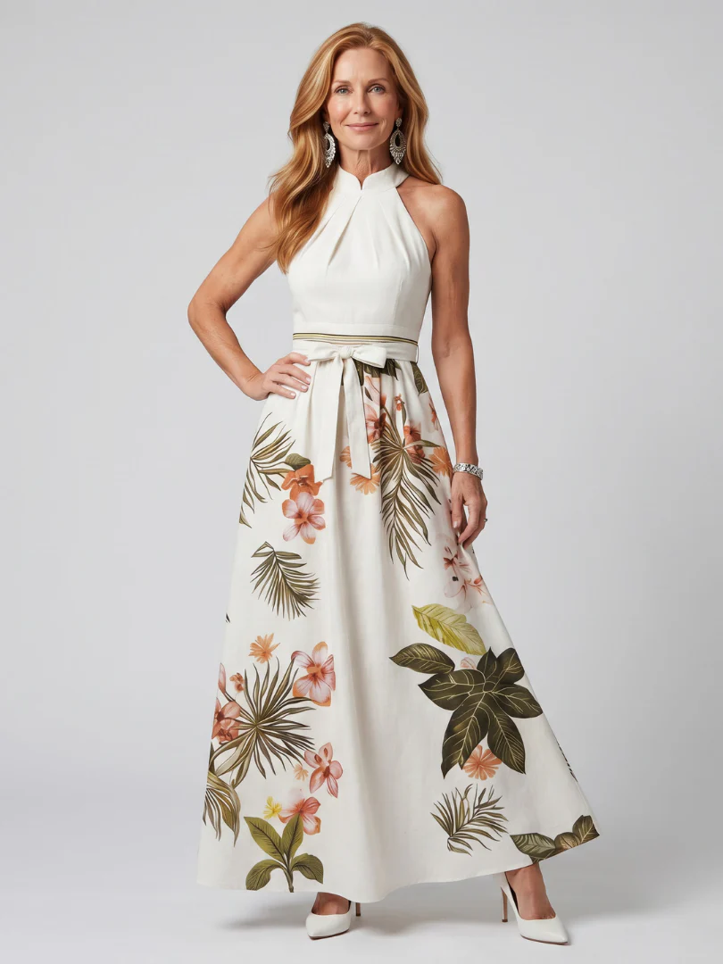 Wiese | Drapiertes Halter-Botanik-Paneel-Maxikleid