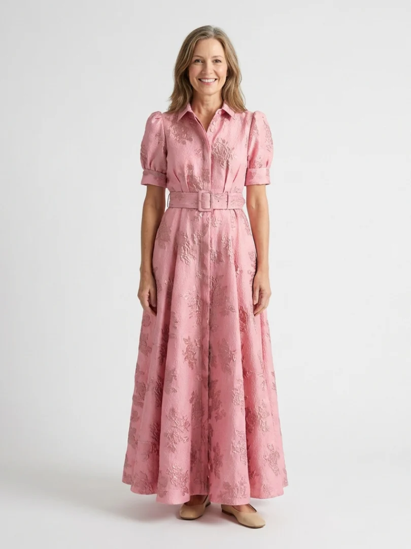 Xanthea | Kurzärmeliges, tailliertes, blumenstrukturiertes Maxikleid