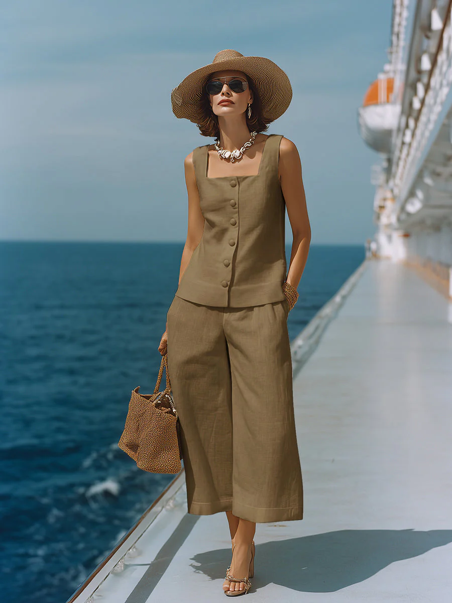 Zeitloses Weißes Baumwoll-Leinen Top mit Quadrat-Ausschnitt und Passenden Capri-Hosen Set - Image 10