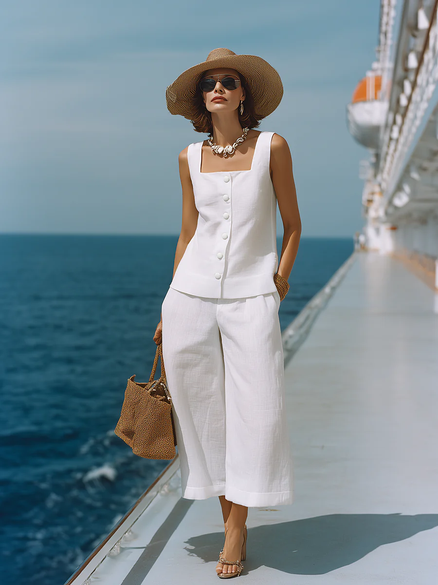 Zeitloses Weißes Baumwoll-Leinen Top mit Quadrat-Ausschnitt und Passenden Capri-Hosen Set - Image 8